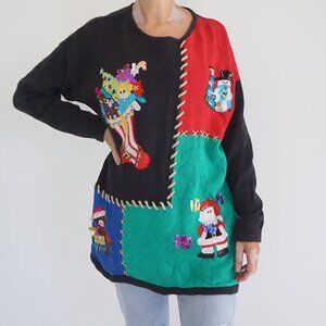 Vintage Work In Progress Santa Snowman Teddy Bear Festive Christmas Sweater L
